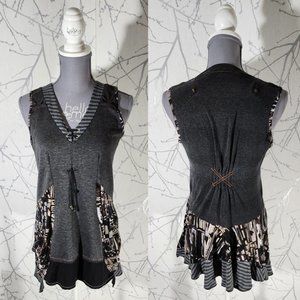 Dolcezza Gray Striped Art To Wear Mixed Fabric Peplum Tunic